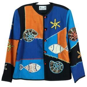 Vintage Puffin Island Fish Jacket Blazer Patchwork Embroidered Toggle Linen Blnd